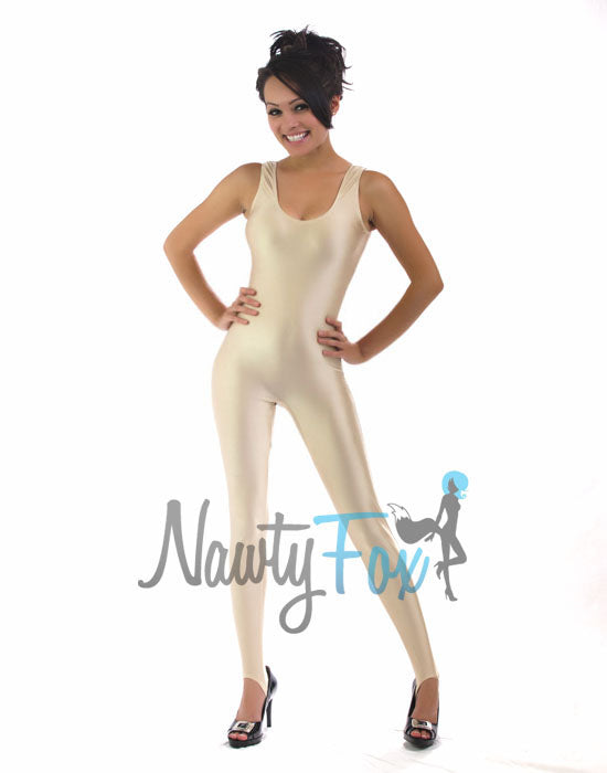 Nude Beige Scoop Neck Sleeveless Shiny Spandex Aerobic Yoga Active Wear Dance Unitard Bodysuit