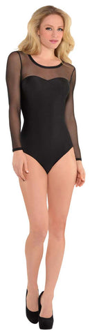 Shiny Spandex Black Mock Neck Long Sleeve Unitard Bodysuit Costume Dancewear-Reg and Plus Size