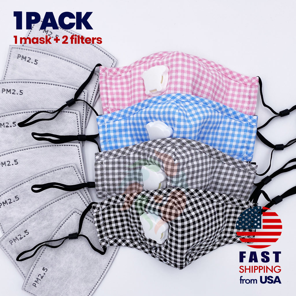 Plaid Kids Cotton Breathing Valve Mask with Filters