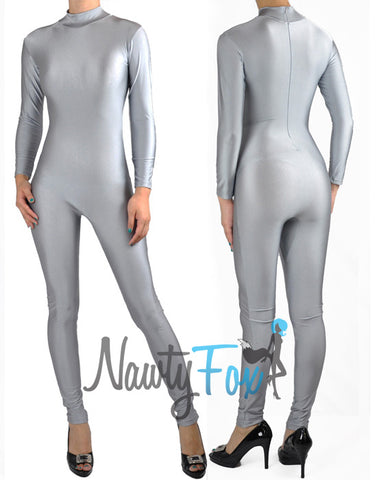 Silver Metallic Wet Look Fetish Super Hero Bodysuit Catsuit Costume