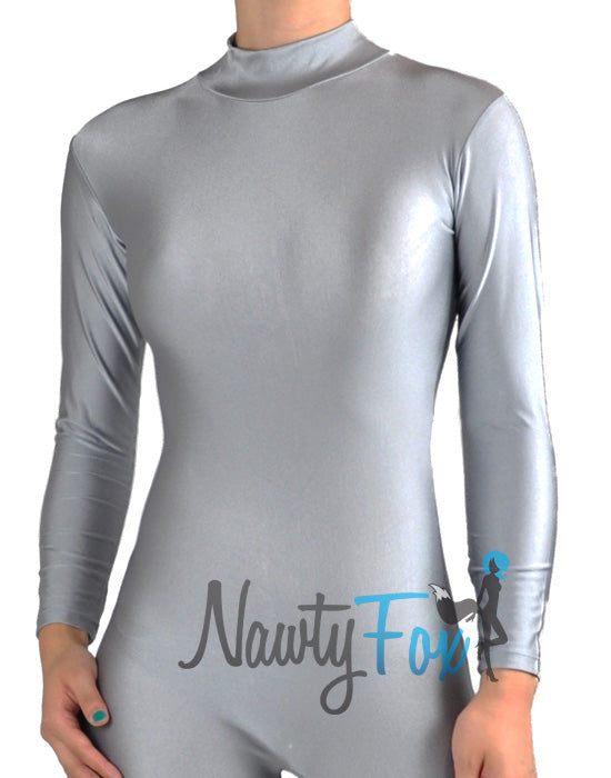 Shiny Spandex Gray Mock Neck Long Sleeve Unitard Bodysuit Costume Dancewear-Reg and Plus Size