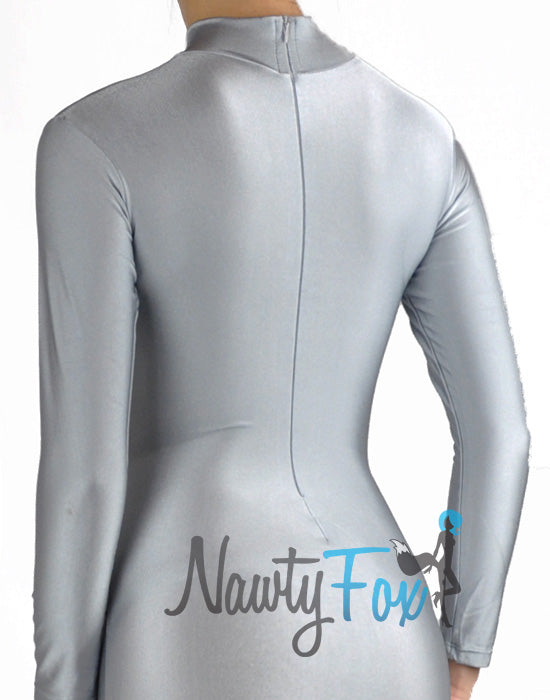 Shiny Spandex Gray Mock Neck Long Sleeve Unitard Bodysuit Costume Dancewear-Reg and Plus Size