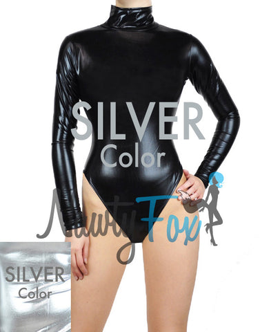 Shiny Spandex Gray Mock Neck Long Sleeve Unitard Bodysuit Costume Dancewear-Reg and Plus Size