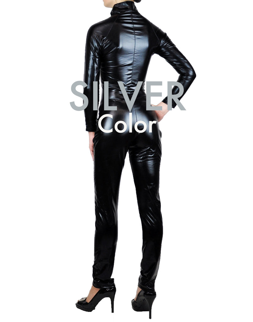 Silver Metallic Wet Look Fetish Super Hero Bodysuit Catsuit Costume