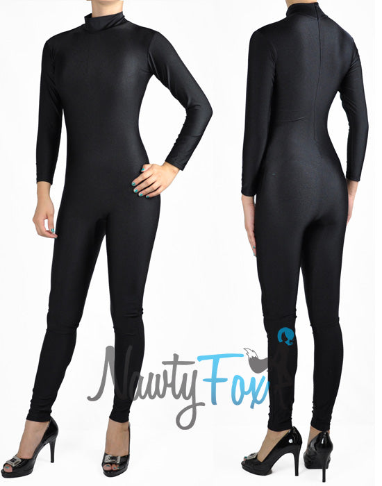 Shiny Spandex Black Mock Neck Long Sleeve Unitard Bodysuit Costume Dancewear-Reg and Plus Size