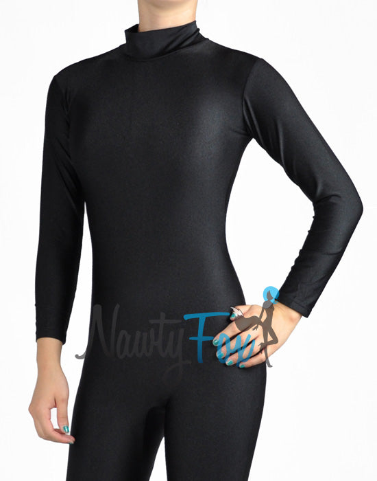 Shiny Spandex Black Mock Neck Long Sleeve Unitard Bodysuit Costume Dancewear-Reg and Plus Size