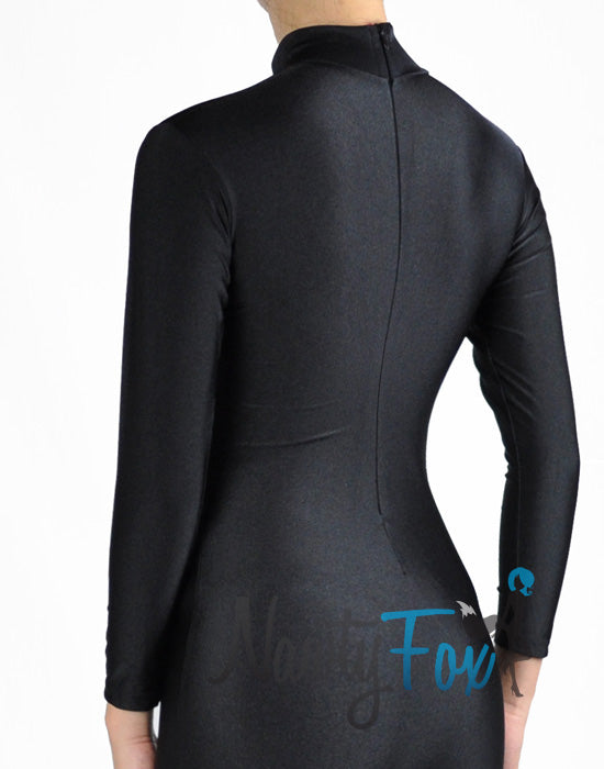 Shiny Spandex Black Mock Neck Long Sleeve Unitard Bodysuit Costume Dancewear-Reg and Plus Size