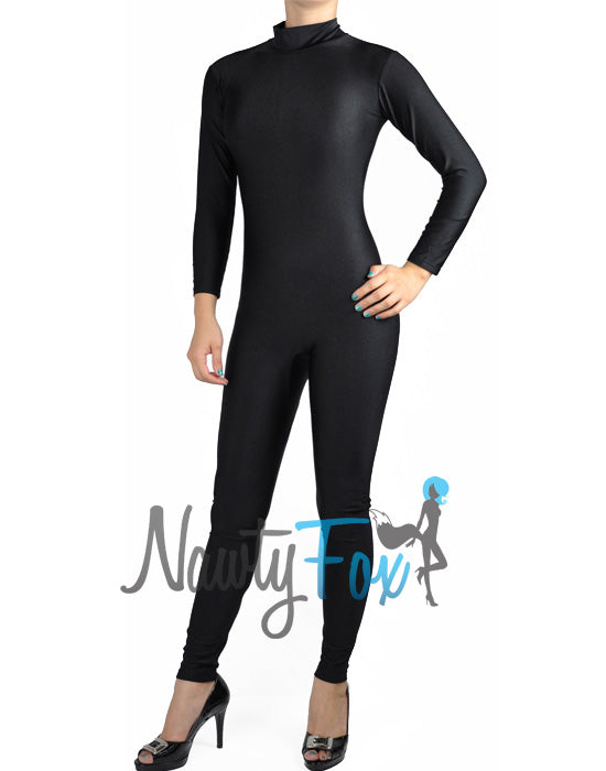 Shiny Spandex Black Mock Neck Long Sleeve Unitard Bodysuit Costume Dancewear-Reg and Plus Size