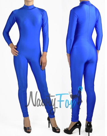Shiny Stretchy Spandex Blue Scoop Neck Long Sleeve Unitard Dancewear Bodysuit