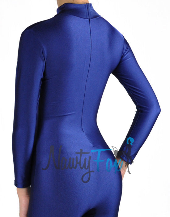 Shiny Spandex Navy Blue Mock Neck Long Sleeve Unitard Bodysuit Costume Dancewear-Reg and Plus Size