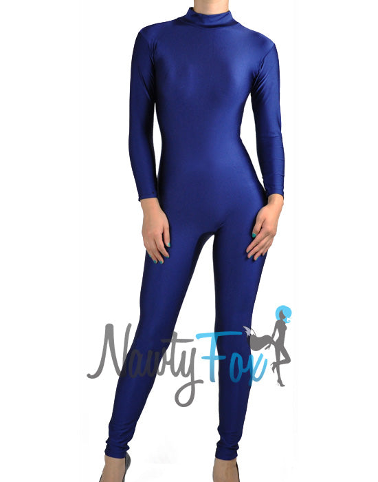 Shiny Spandex Navy Blue Mock Neck Long Sleeve Unitard Bodysuit Costume Dancewear-Reg and Plus Size
