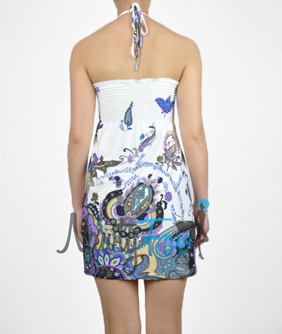 White Purple Paisley Halter Dress