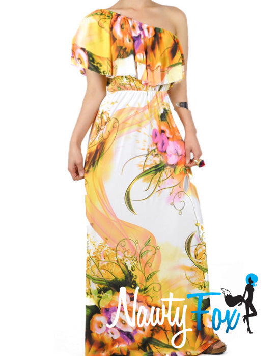 Orange Flower One Shoulder Ruffle Maxi Dress