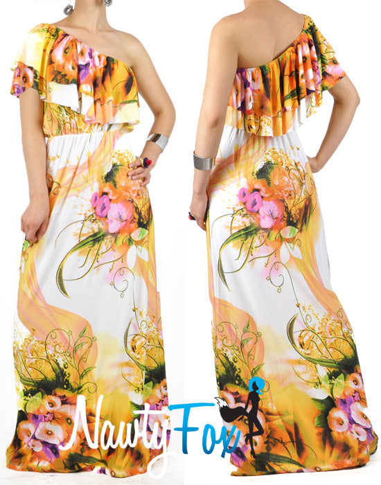 Orange Flower One Shoulder Ruffle Maxi Dress