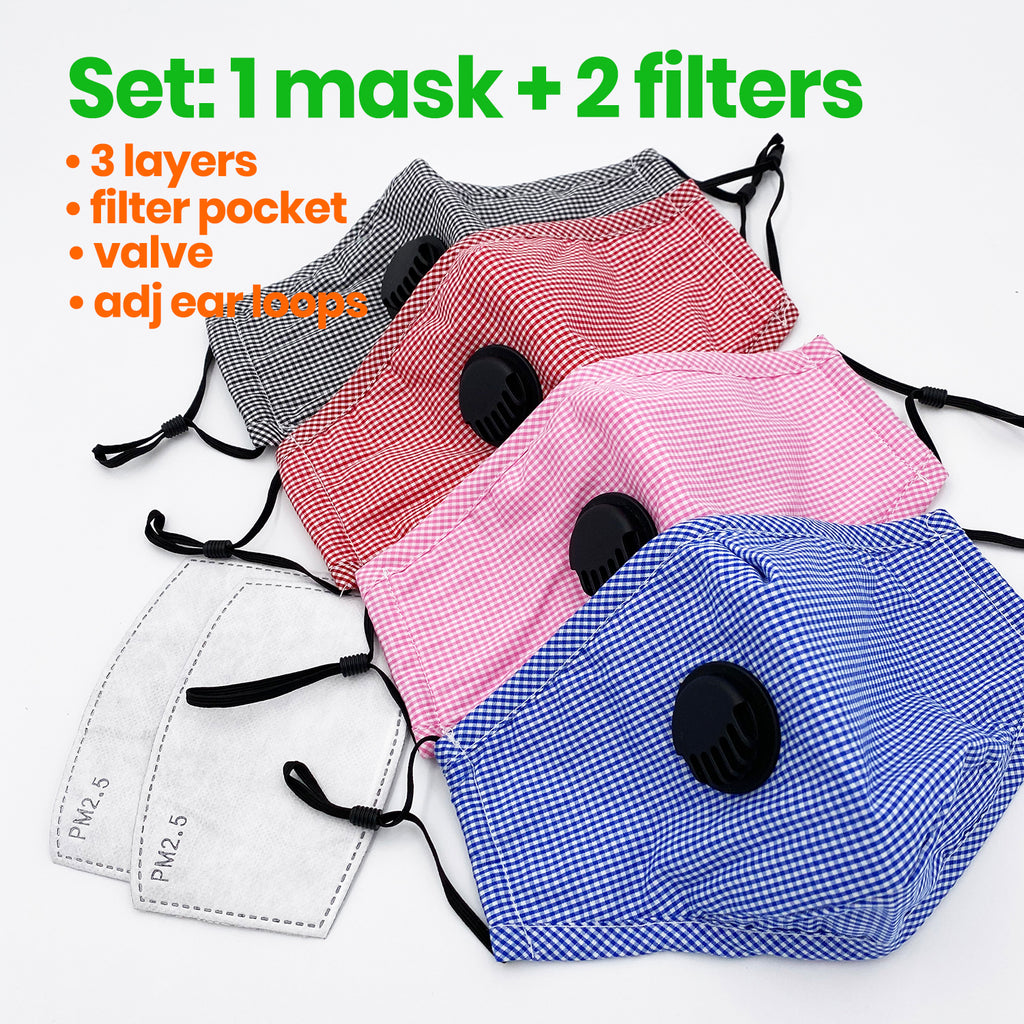 Plaid Cotton 3 Layer Mask with Valve + 2 Filters