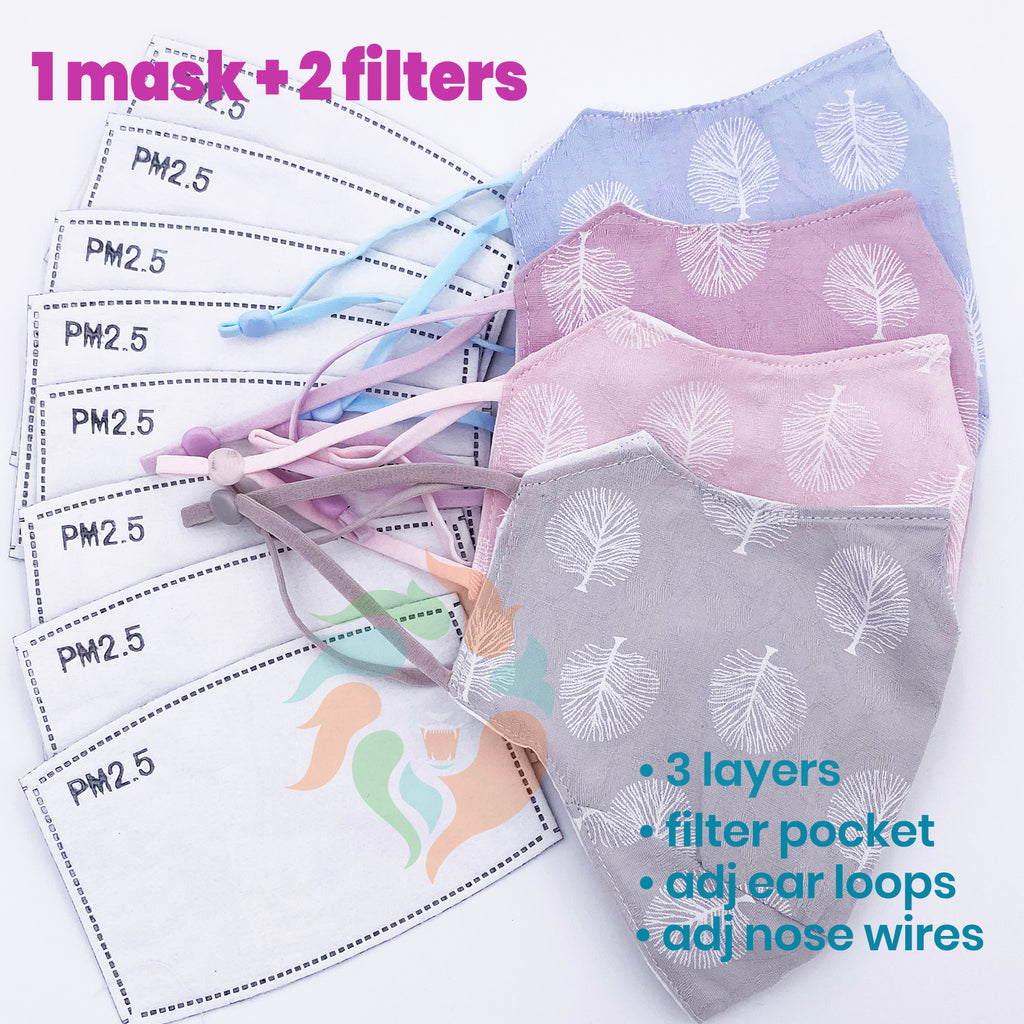 Tree Linen Cotton 3 Layer Mask PINK|PURPLE|BLUE|GRAY