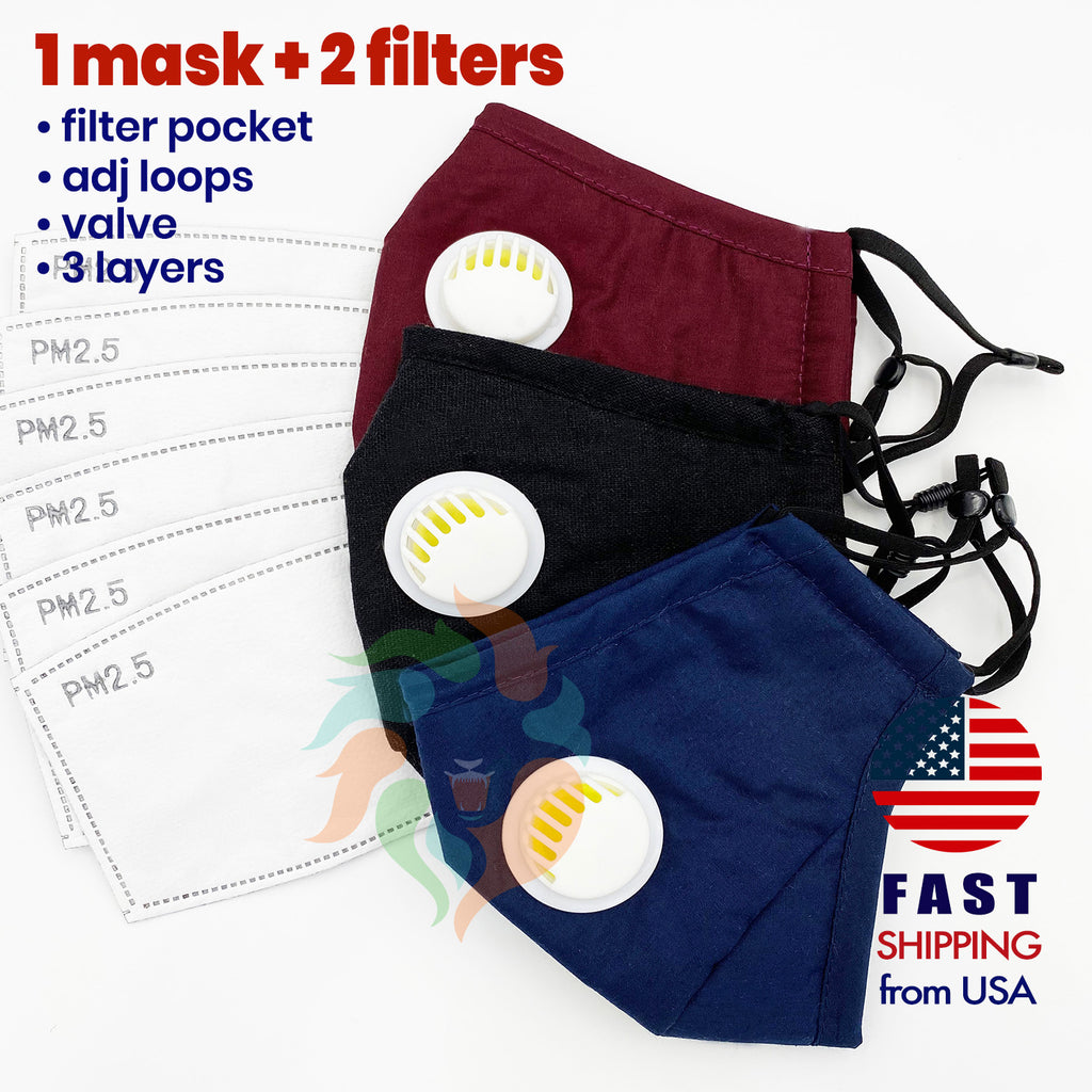 Cotton Face Mask with Valve BLACK|NAVY BLUE|BURGUNDY