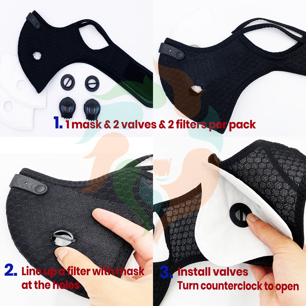 BLACK Mesh Cycling Mask Valves + 2 Filters