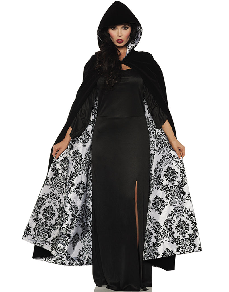 Deluxe Black Velvet White Satin Flocked Vampire Halloween Cape