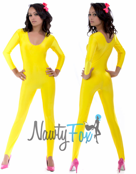 Yellow Shiny Spandex Scoop Neck Long Sleeve Unitard Dancewear Bodysuit