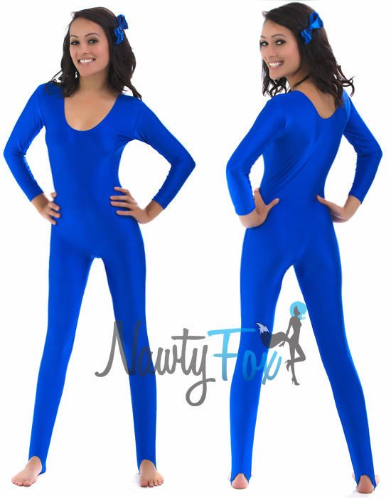 Shiny Stretchy Spandex Blue Scoop Neck Long Sleeve Unitard Dancewear B –  Costume Zoo