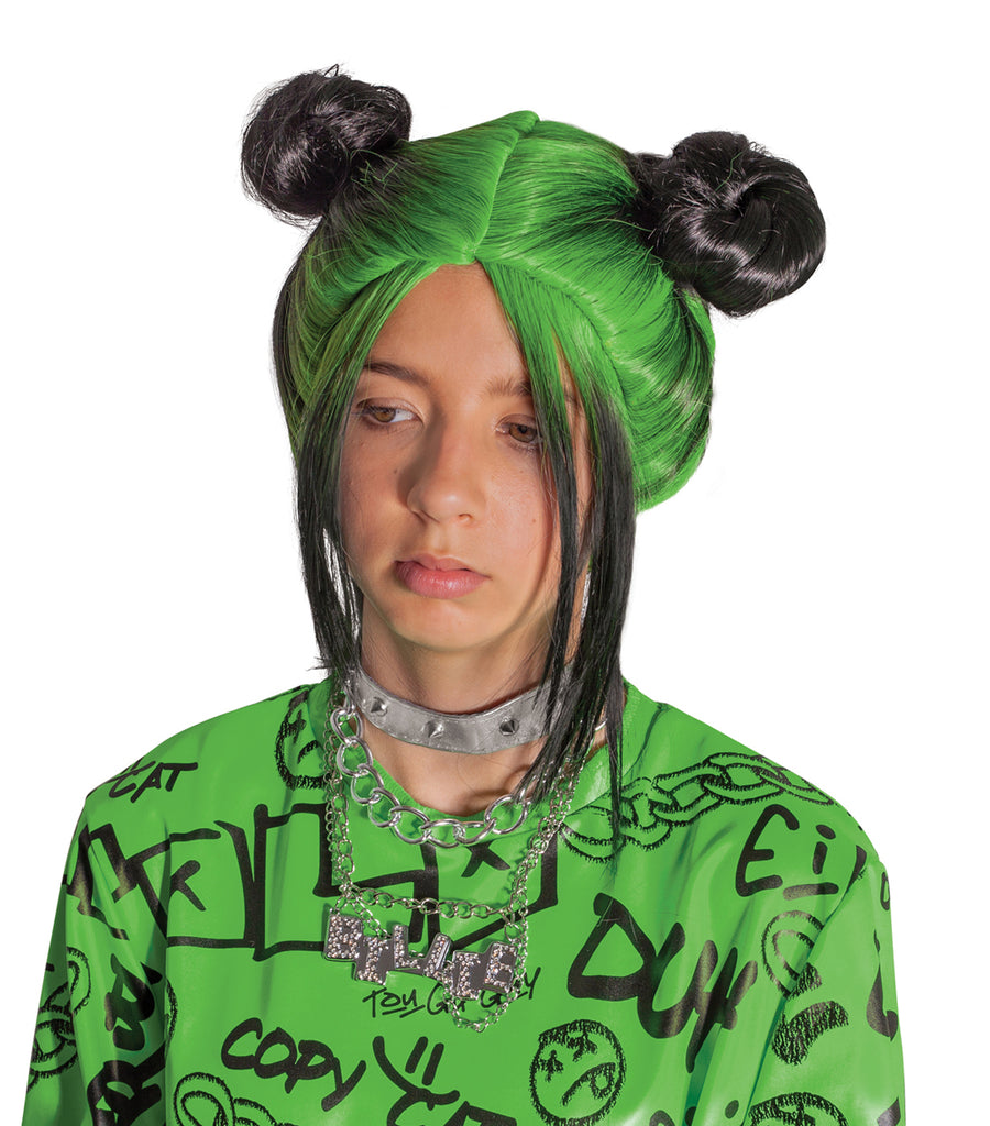 Billie Eilish Girls Singer Black Green Bun Costume Wig