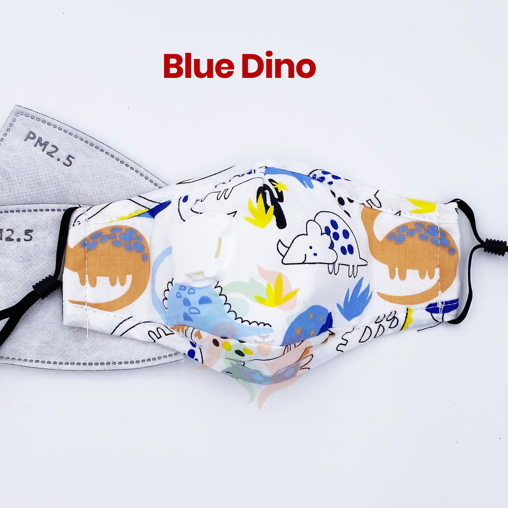 BLUE Dinosaurs Kids Cotton Valve Mask with Filters