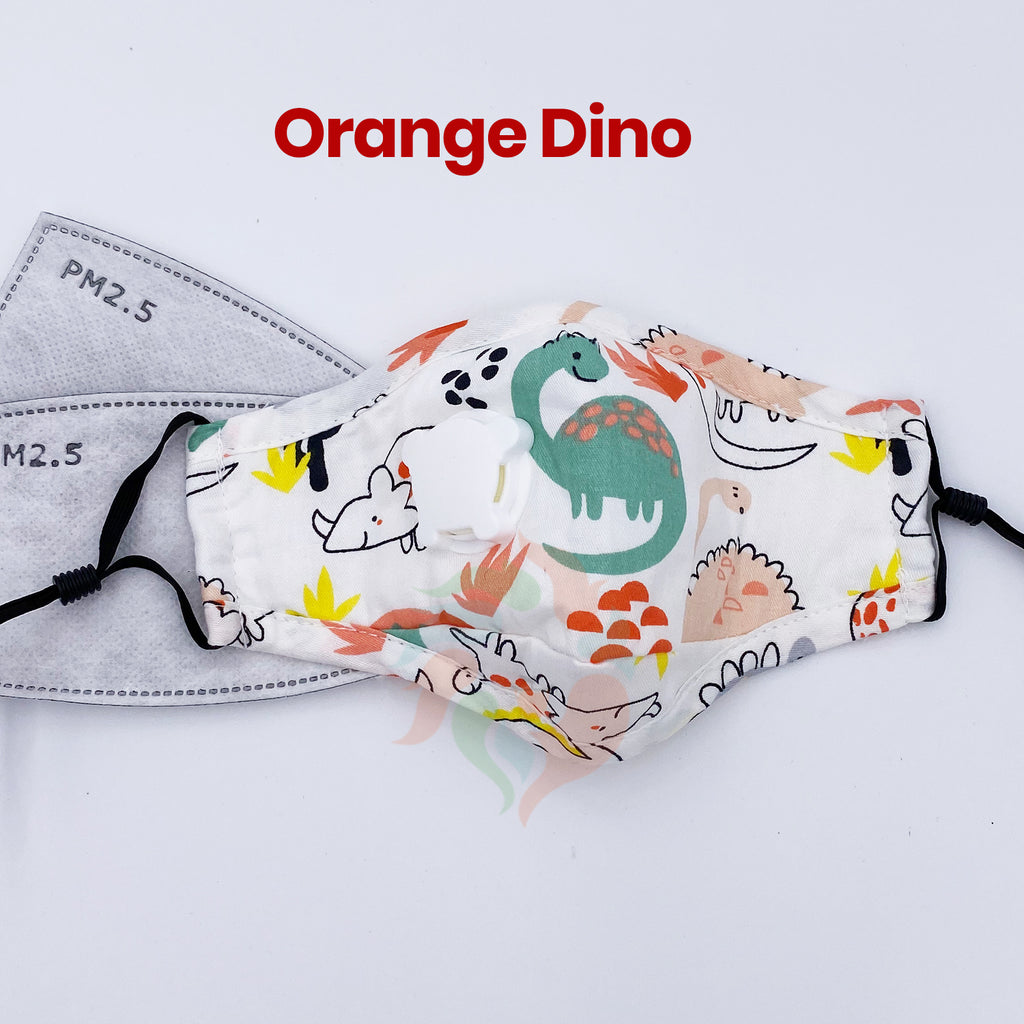 [10 PACK] ORANGE Dinosaurs Kids Cotton Valve Mask with Filters