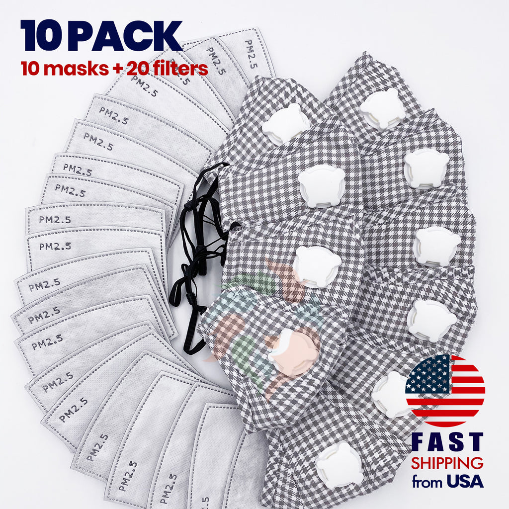 [10 PACK] GRAY Plaid Kids Cotton Breathing Valve Mask with Filters