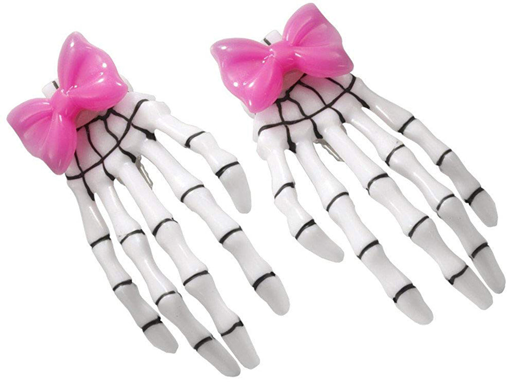Skeleton Hand Pink Hair Bow Clips