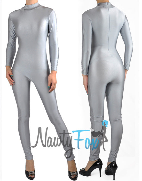 Shiny Spandex Gray Mock Neck Long Sleeve Unitard Bodysuit Costume