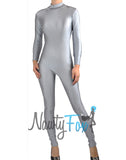 Shiny Spandex Gray Mock Neck Long Sleeve Unitard Bodysuit Costume Dancewear-Reg and Plus Size