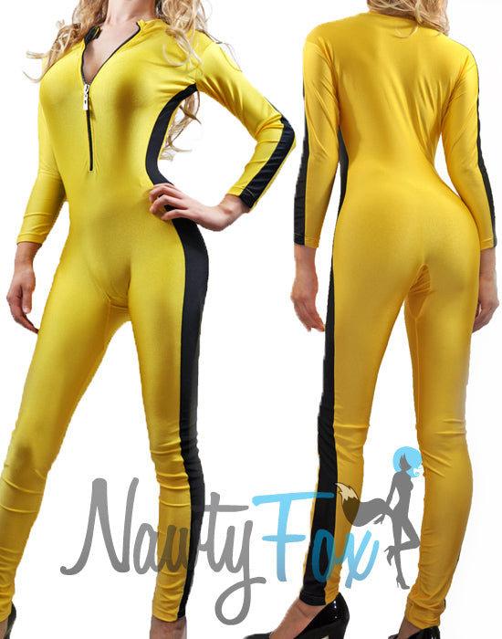 Adult Yellow Front Zip Shiny Spandex Unitard Jumpsuit Bodysuit Dancewear Kung Fu Martial Art Costume