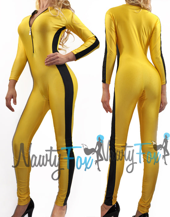 Adult Yellow Front Zip Shiny Spandex Unitard Jumpsuit Bodysuit