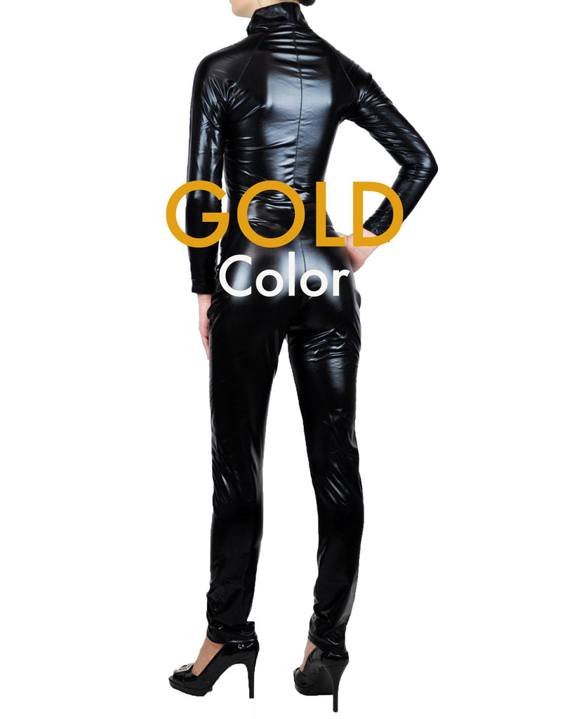 Shiny Spandex Black Mock Neck Long Sleeve Unitard Bodysuit Costume