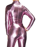 Pink Metallic Wet Look Fetish Super Hero Bodysuit Catsuit Costume