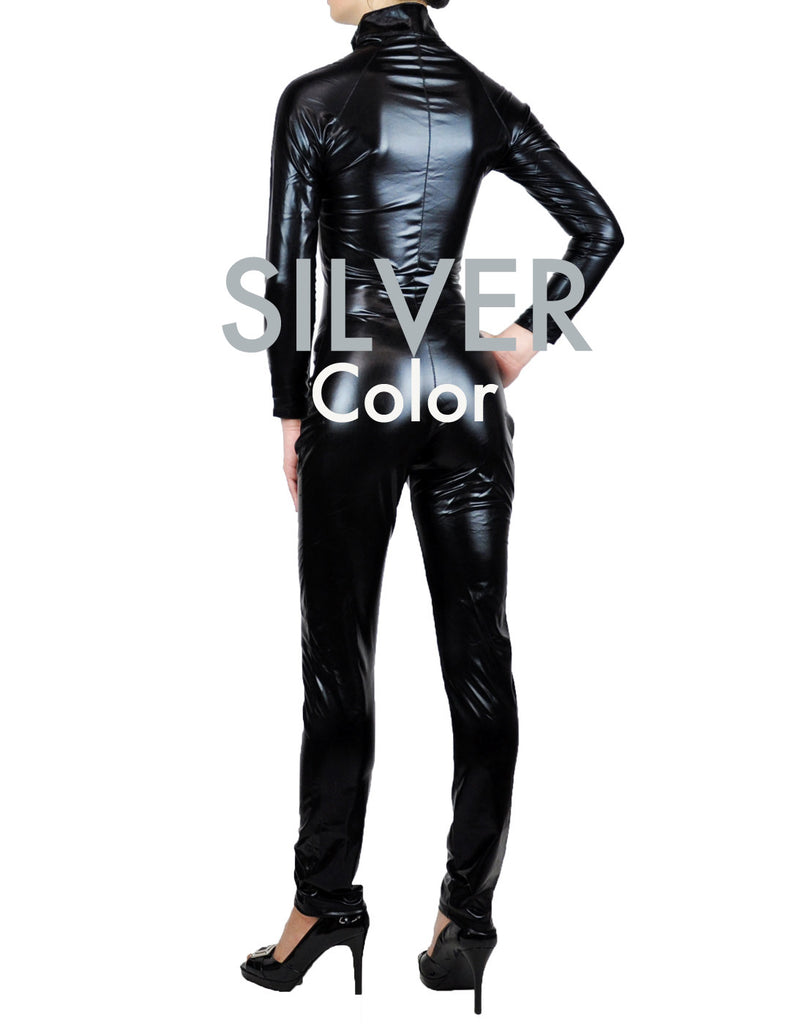 Sexy Black Metallic Wet Look Fetish Full Bodysuit Catsuit Jumpsuit