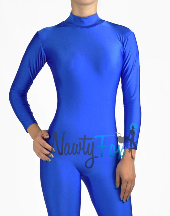 Shiny Spandex Blue Mock Neck Long Sleeve Unitard Bodysuit Costume Dancewear-Reg and Plus Size