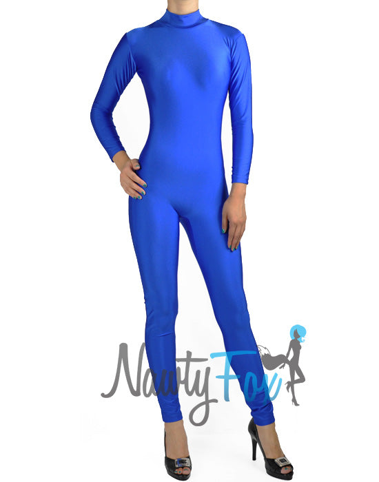 Shiny Spandex Blue Mock Neck Long Sleeve Unitard Bodysuit Costume Dancewear-Reg and Plus Size