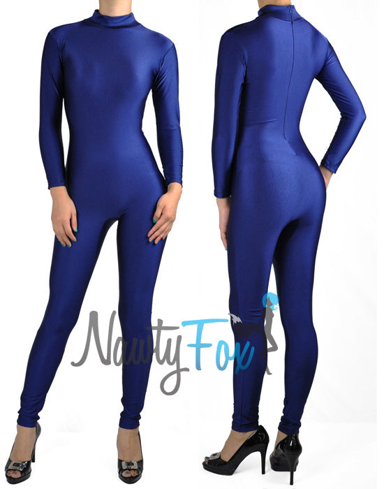 Shiny Spandex Navy Blue Mock Neck Long Sleeve Unitard Bodysuit