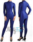 Shiny Spandex Navy Blue Mock Neck Long Sleeve Unitard Bodysuit Costume Dancewear