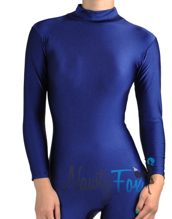 Shiny Spandex Navy Blue Mock Neck Long Sleeve Unitard Bodysuit