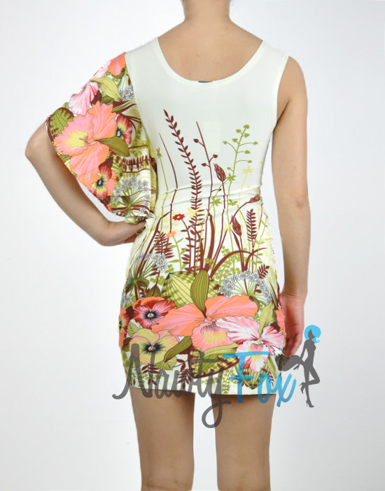 One Shoulder Beige Tropical Dress