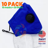 [10 PACK] Blue Cotton 3 Layer Mask with Valve + 2 Filters