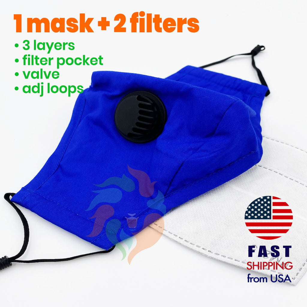 Blue Cotton 3 Layer Mask with Valve + 2 Filters