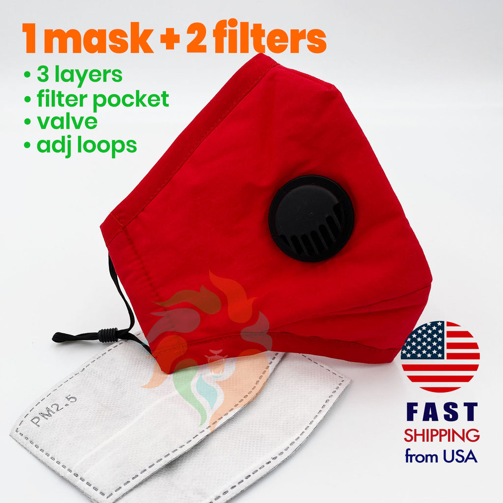 Red Cotton 3 Layer Mask with Valve + 2 Filters