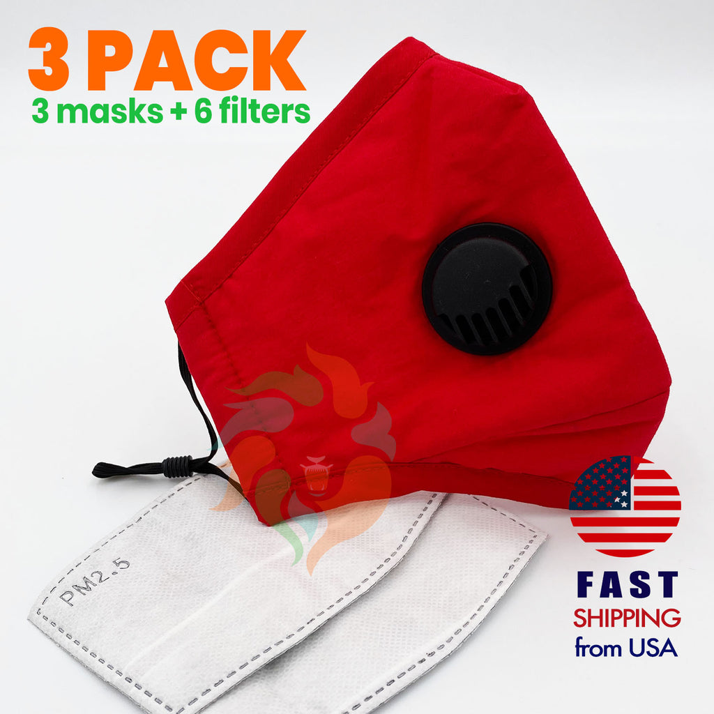 [3 PACK] Red Cotton 3 Layer Mask with Valve + 2 Filters