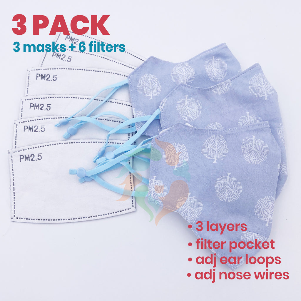 [3 PACK] Blue Tree Printed Linen Cotton 3 Layer Mask + Filters