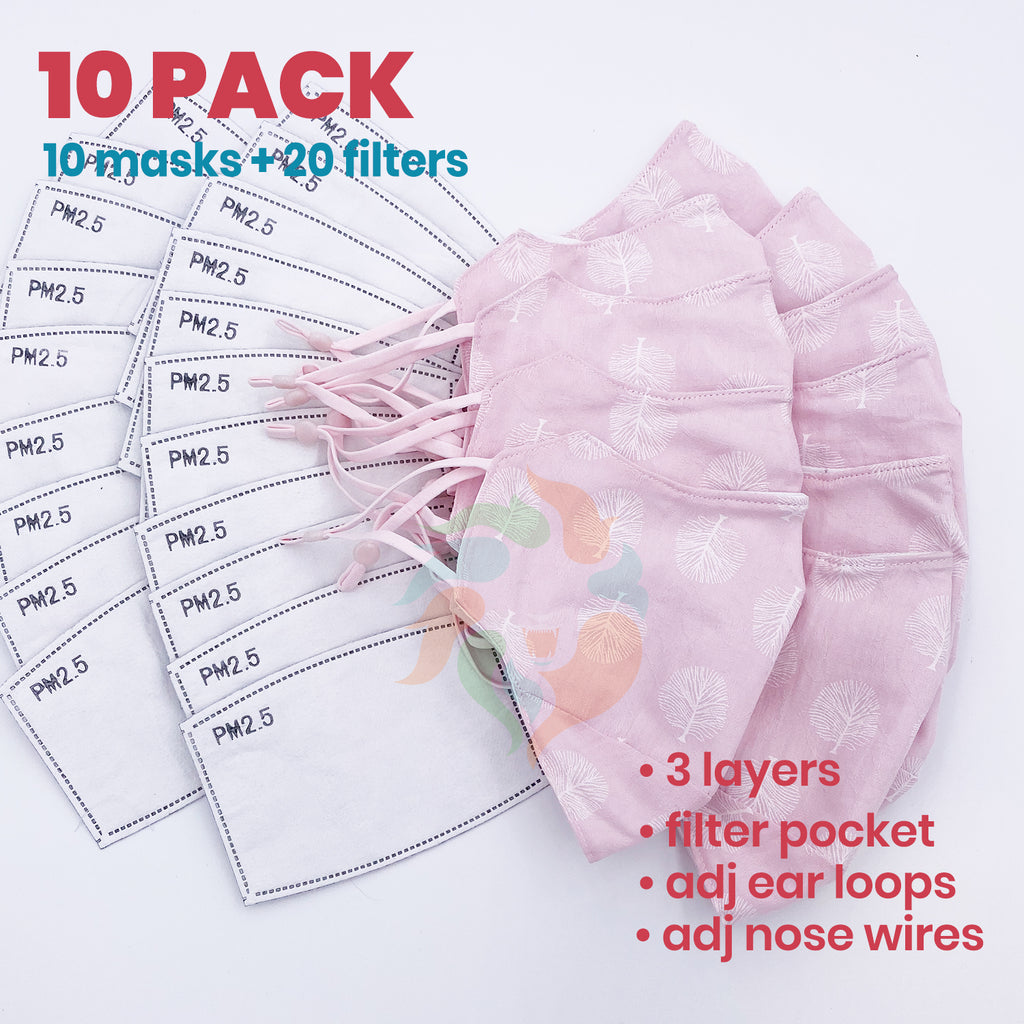 [10 PACK] Pink Tree Printed Linen Cotton 3 Layer Mask + Filters