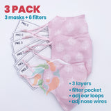 [3 PACK] Pink Tree Printed Linen Cotton 3 Layer Mask + Filters